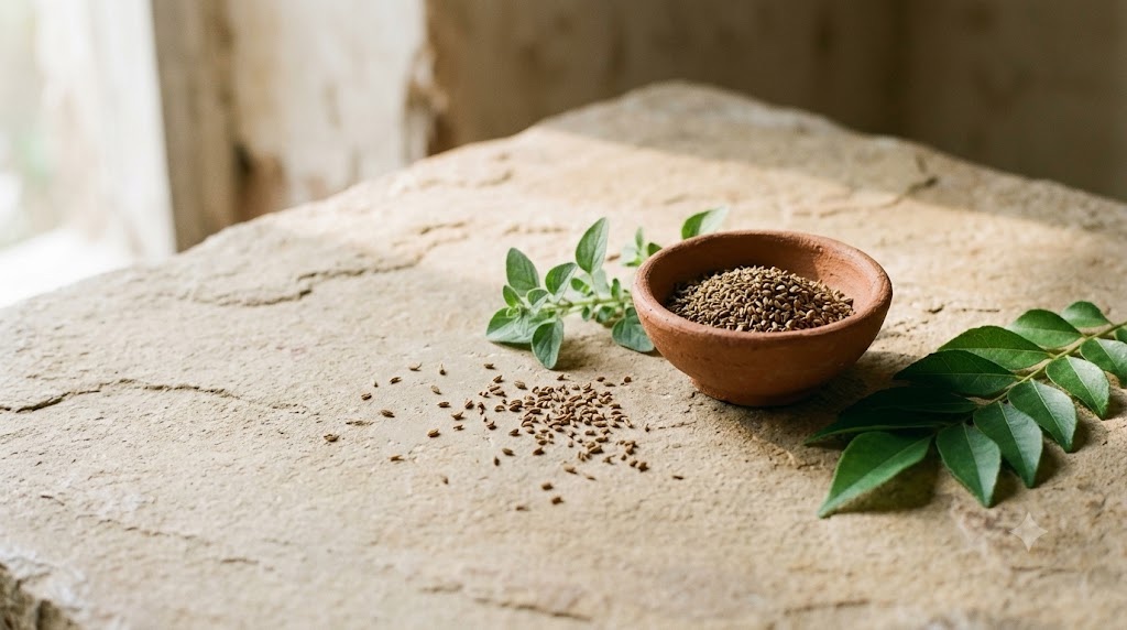 Ajwain seeds, curry leaves and oregano beside a small terracotta bowl on a stone slab