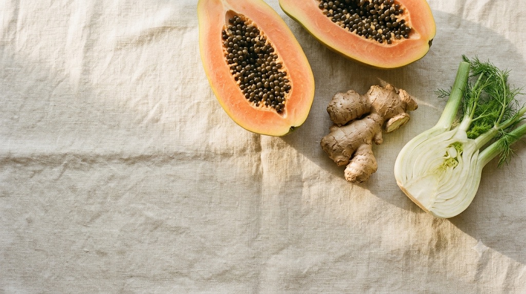 A halved papaya, fresh ginger root and a sliced fennel bulb on cream linen